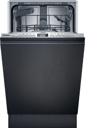 Open Siemens dishwasher with interior racks visible and a digital display on the control panel at the front edge of the door