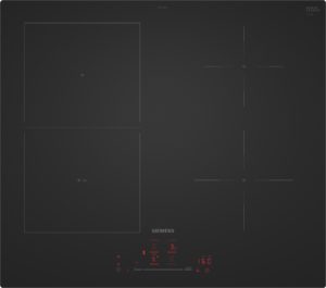 Top-down view of a dark induction cooktop control panel with Siemens branding and red digital readouts and touch controls.