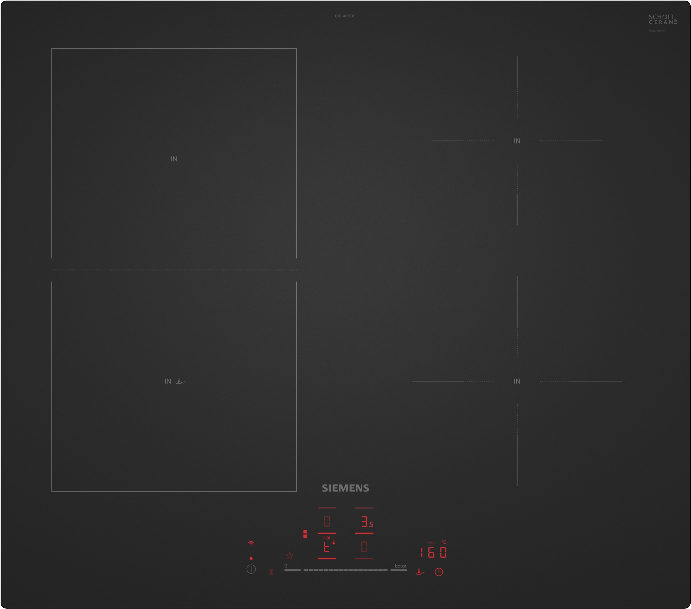 Top-down view of a dark induction cooktop control panel with Siemens branding and red digital readouts and touch controls.