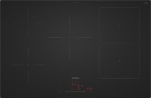 Siemens black glass induction cooktop with multiple outlined heating zones and a red digital control panel from the center bottom area of the surface of the cooktop, minimal design.