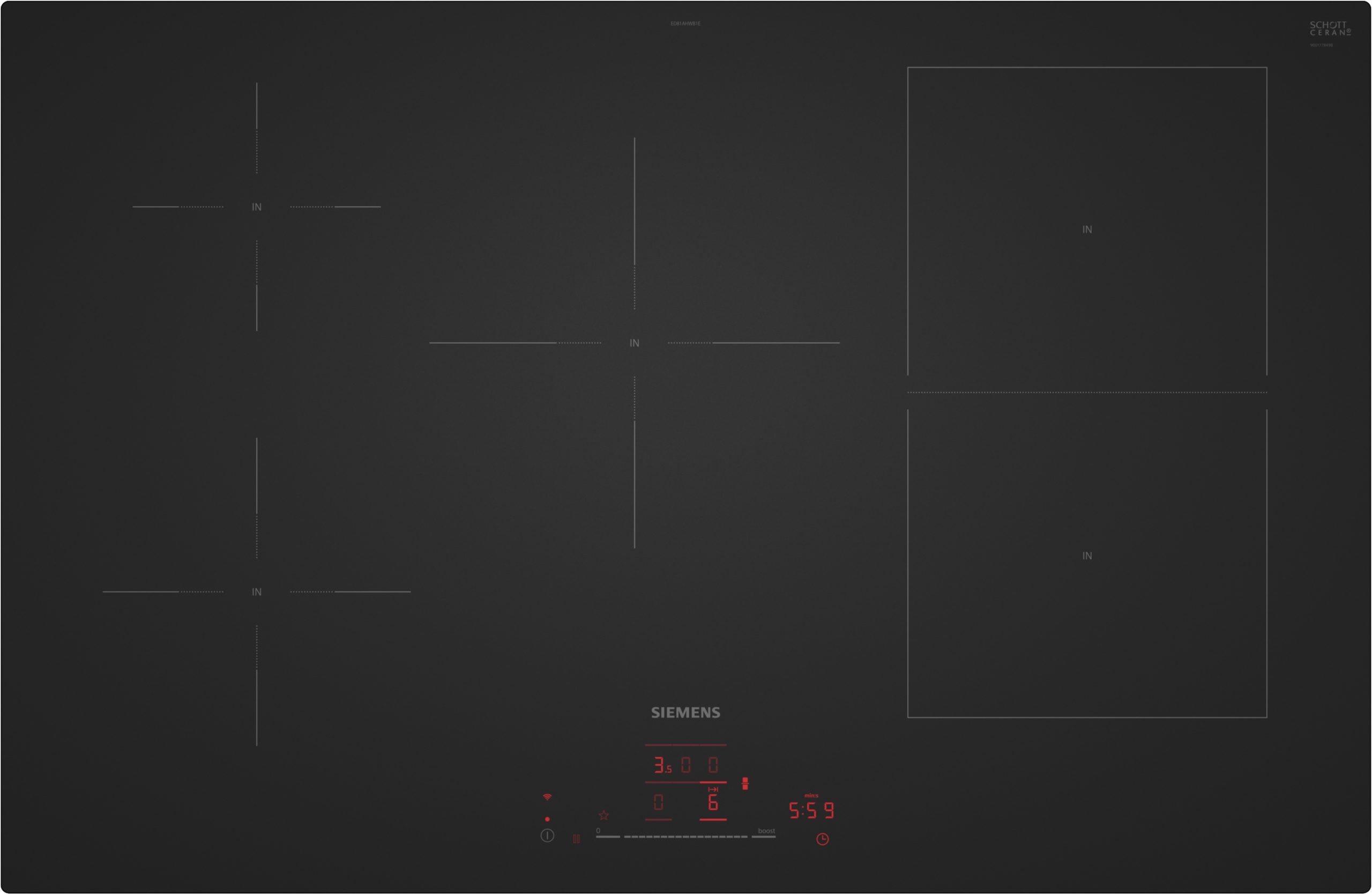 Siemens black glass induction cooktop with multiple outlined heating zones and a red digital control panel from the center bottom area of the surface of the cooktop, minimal design.