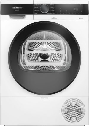 Front-loading Siemens washing machine viewed from the front, with control panel at the top and exposed drum behind the door edge.