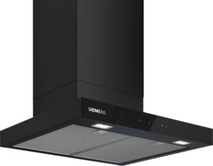 Black Siemens chimney-style kitchen hood with built-in lights and touch controls