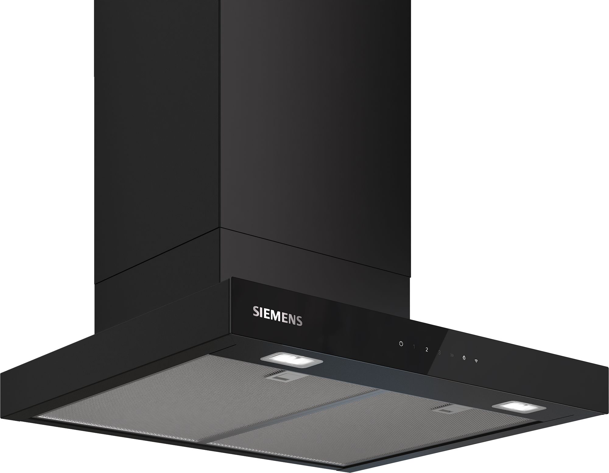 Black Siemens chimney-style kitchen hood with built-in lights and touch controls