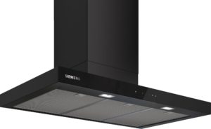 Siemens black chimney-style kitchen range hood with built-in lights and control panel