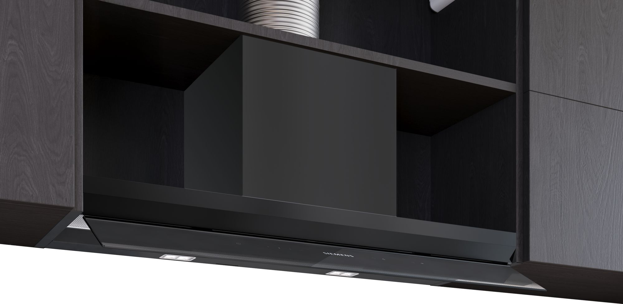 Modern black wall-mounted range hood integrated into dark wood cabinetry, Siemens logo visible on the front panel.