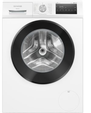 White front-loading washing machine with a large circular glass door and stainless drum visible inside the door, control panel at the top.