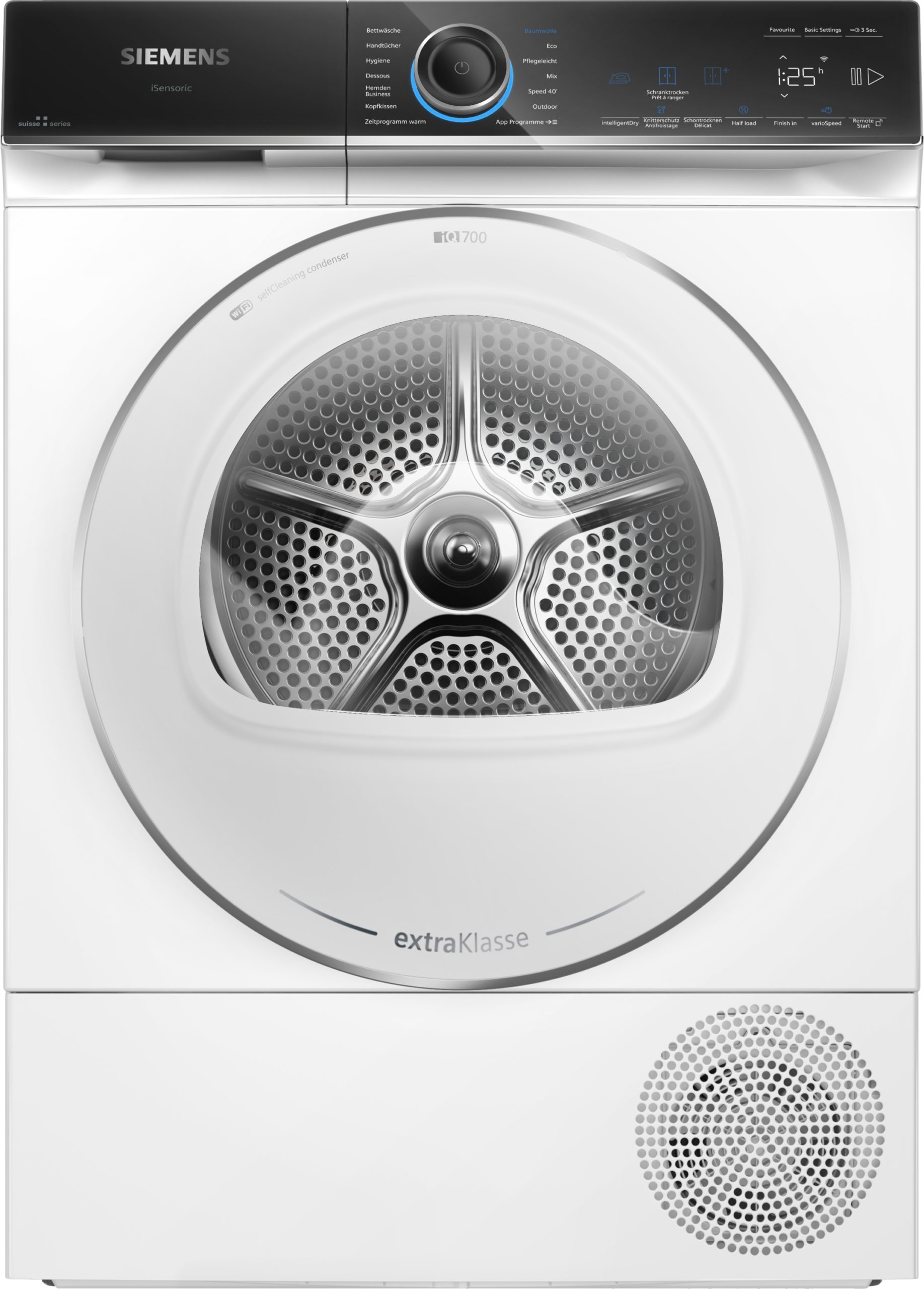 Front-loading Siemens washing machine with a black control panel and large circular drum visible through the door