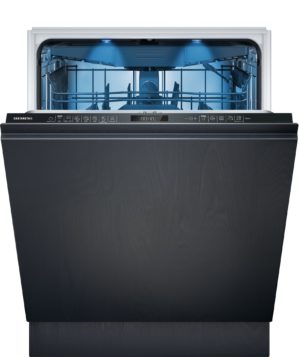 Open Siemens dishwasher showing inner racks and blue-tinted interior with control panel at the front
