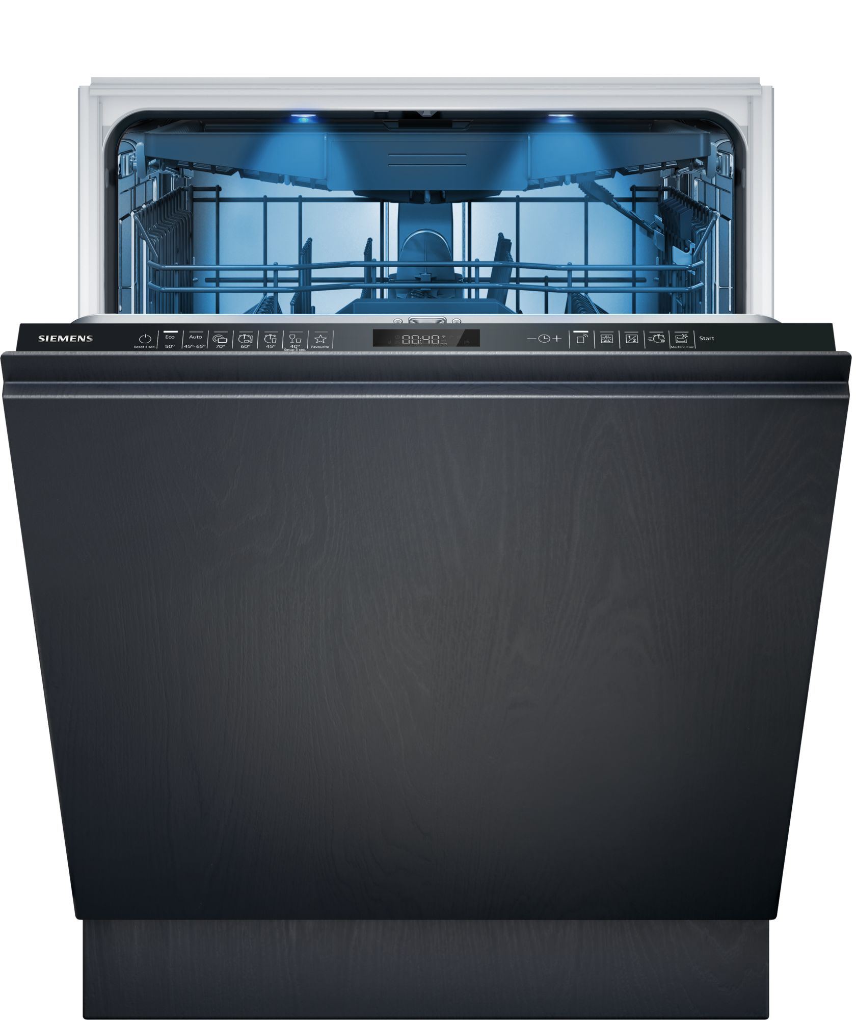 Open Siemens dishwasher with racks visible and blue interior lighting, empty cycle area ready for loading.