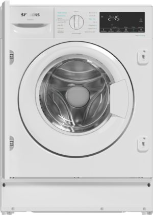 Front view of a white Siemens washing machine with a circular glass door and a control panel on top, including a central dial and digital display on the right side.