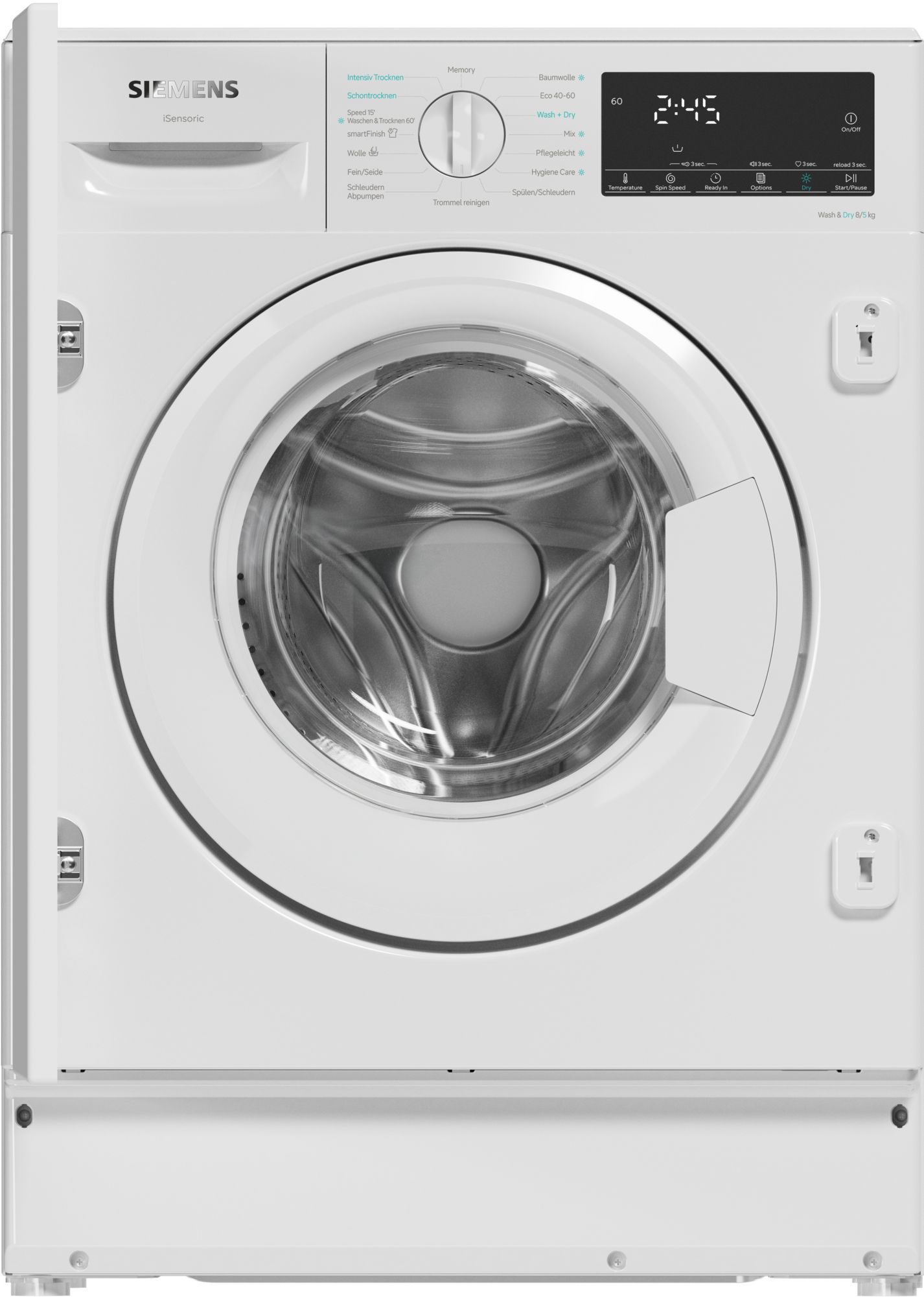 Front view of a white Siemens washing machine with a circular glass door and a control panel on top, including a central dial and digital display on the right side.