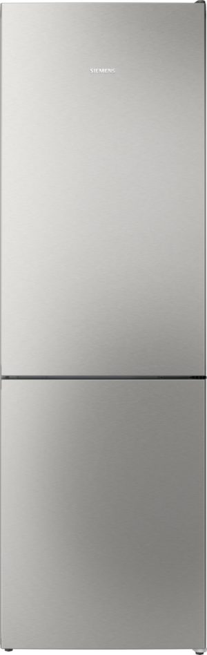 Stainless steel, two-door refrigerator with a separate upper fridge and lower freezer; Siemens logo centered on the upper door.