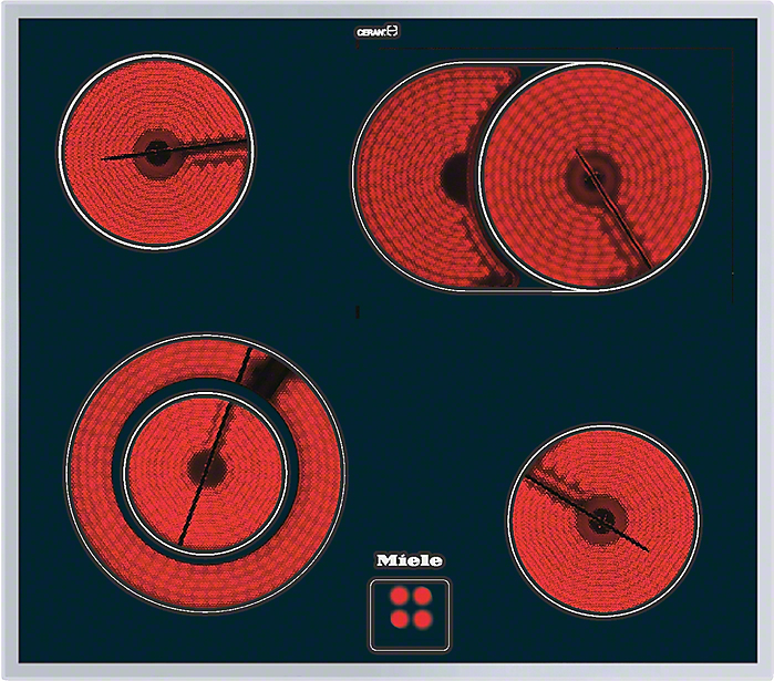 Electric cooktop with four red coil burners on a dark surface; Miele logo and square control panel with red dots in the center-bottom.