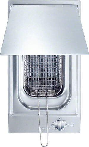 Stainless steel countertop broiler with a pull-out rack and a dial for temperature control on the front panel.