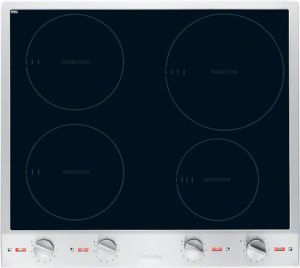 Four-burner induction cooktop with a dark glass surface and silver frame, four circular heating zones visible, plus control knobs along the front edge