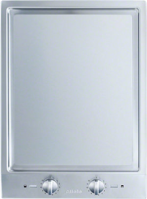 Stainless steel electric cooktop with a flat smooth surface and two control knobs at the bottom