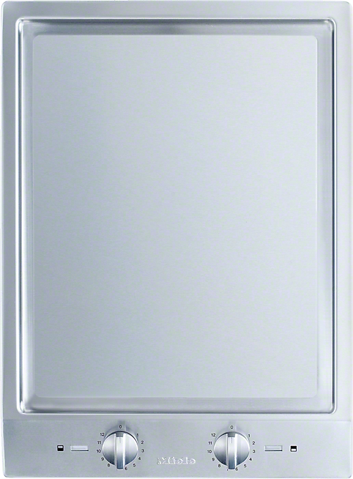 Stainless steel electric cooktop with a flat smooth surface and two control knobs at the bottom