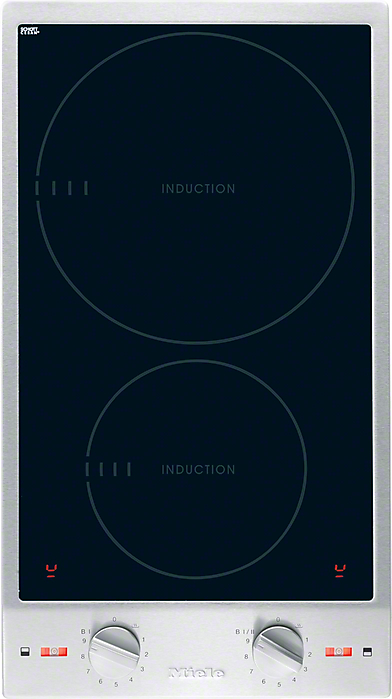 Two-burner induction cooktop with circular heating zones and metal frame, control knobs at the bottom.