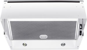 White under-cabinet kitchen range hood with metal mesh filter, front view; control switch visible on the right side.