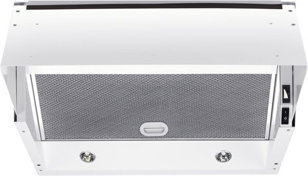 White under-cabinet kitchen range hood with metal mesh filter, front view; control switch visible on the right side.