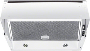 Under-cabinet range hood with a metal mesh filter and right-side power switch and lights above.