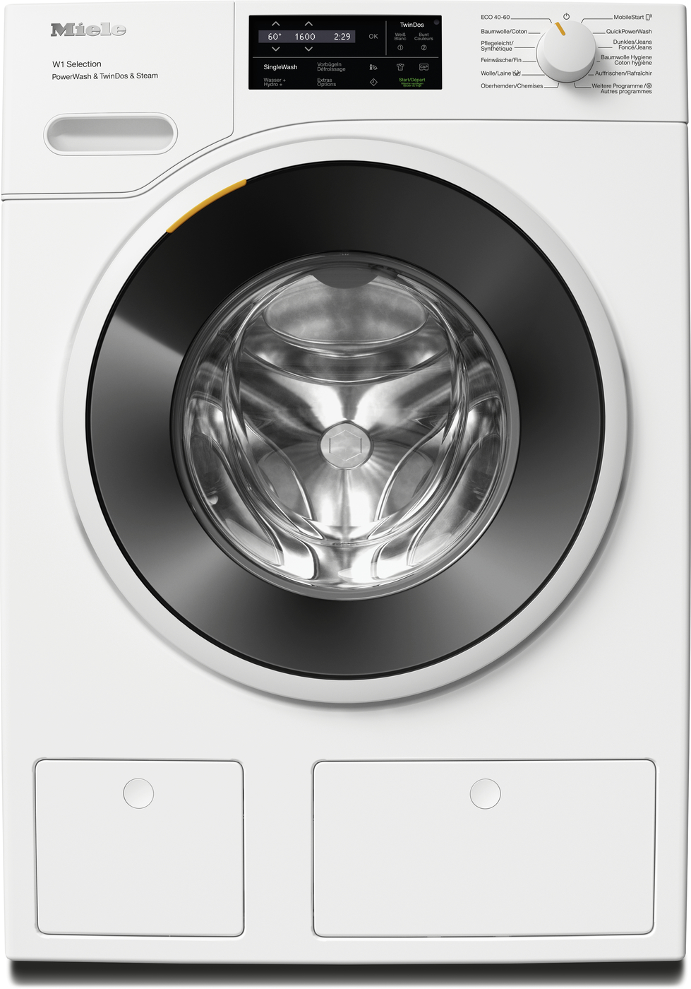 Front-loading washing machine with a large circular door and a digital control panel above; brand Miele visible on the left.