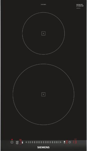 Two circular induction zones on a black glass cooktop with a small 'IN' button in each center, Siemens branding at bottom.