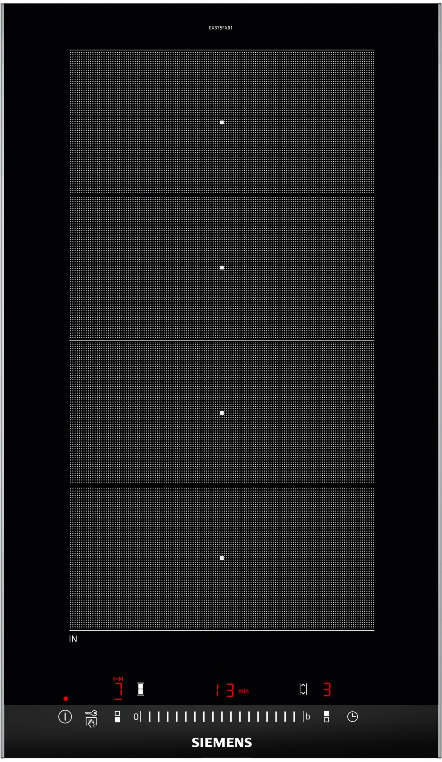 Siemens medical monitor with four stacked dotted panels and small central white squares; EX375FXB1 top label, IN on left, 13 min timer bottom.