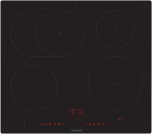 Induction cooktop with four circular heating zones and red digital controls along the bottom center; Siemens logo visible.