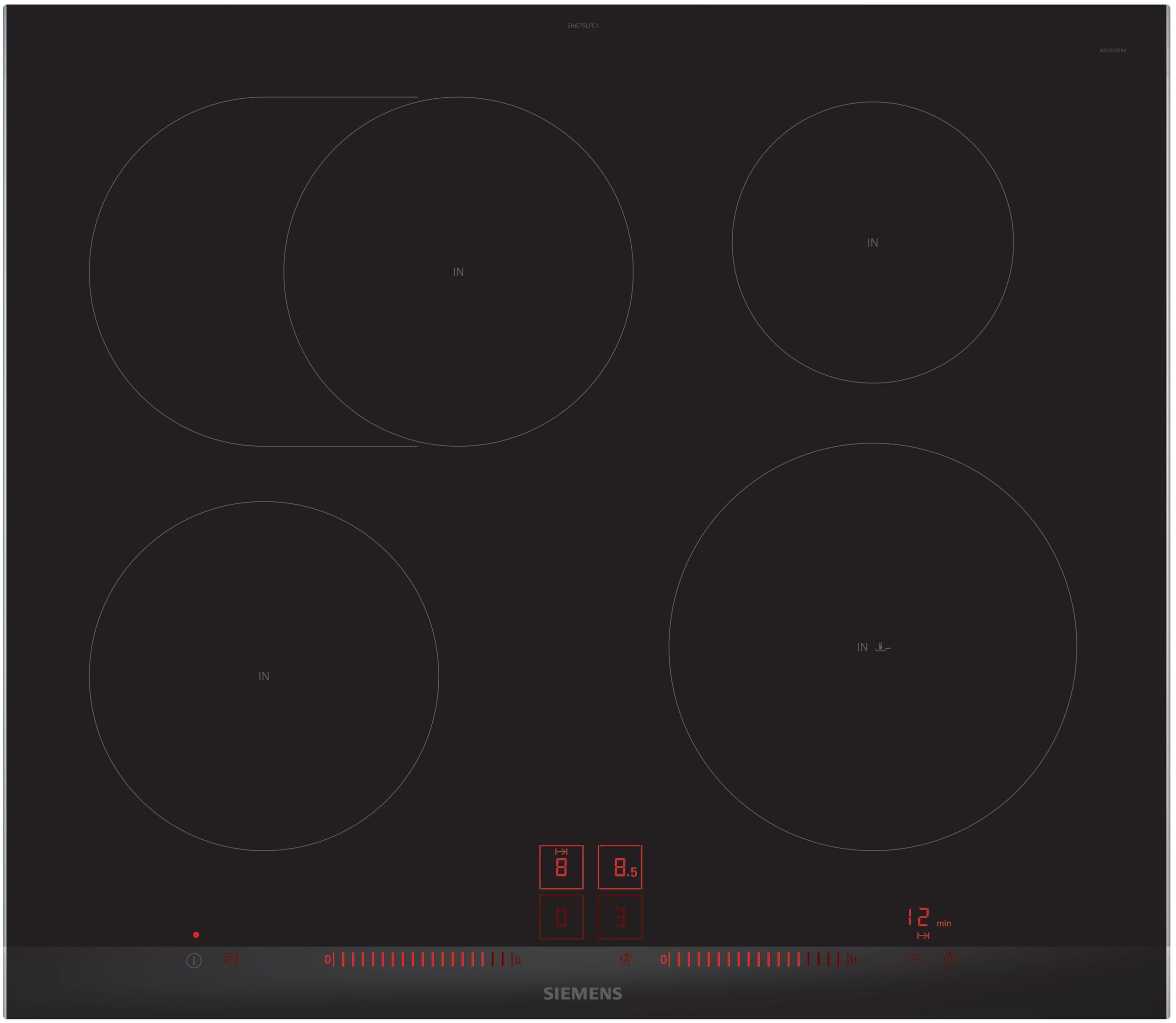 Induction cooktop surface with several circular heating zones and red digital controls at the bottom center, Siemens logo visible
