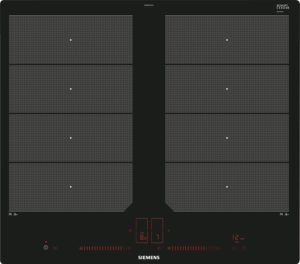 Siemens ceramic cooktop control panel with two burner sections, dotted heating grids, and red digital indicators.