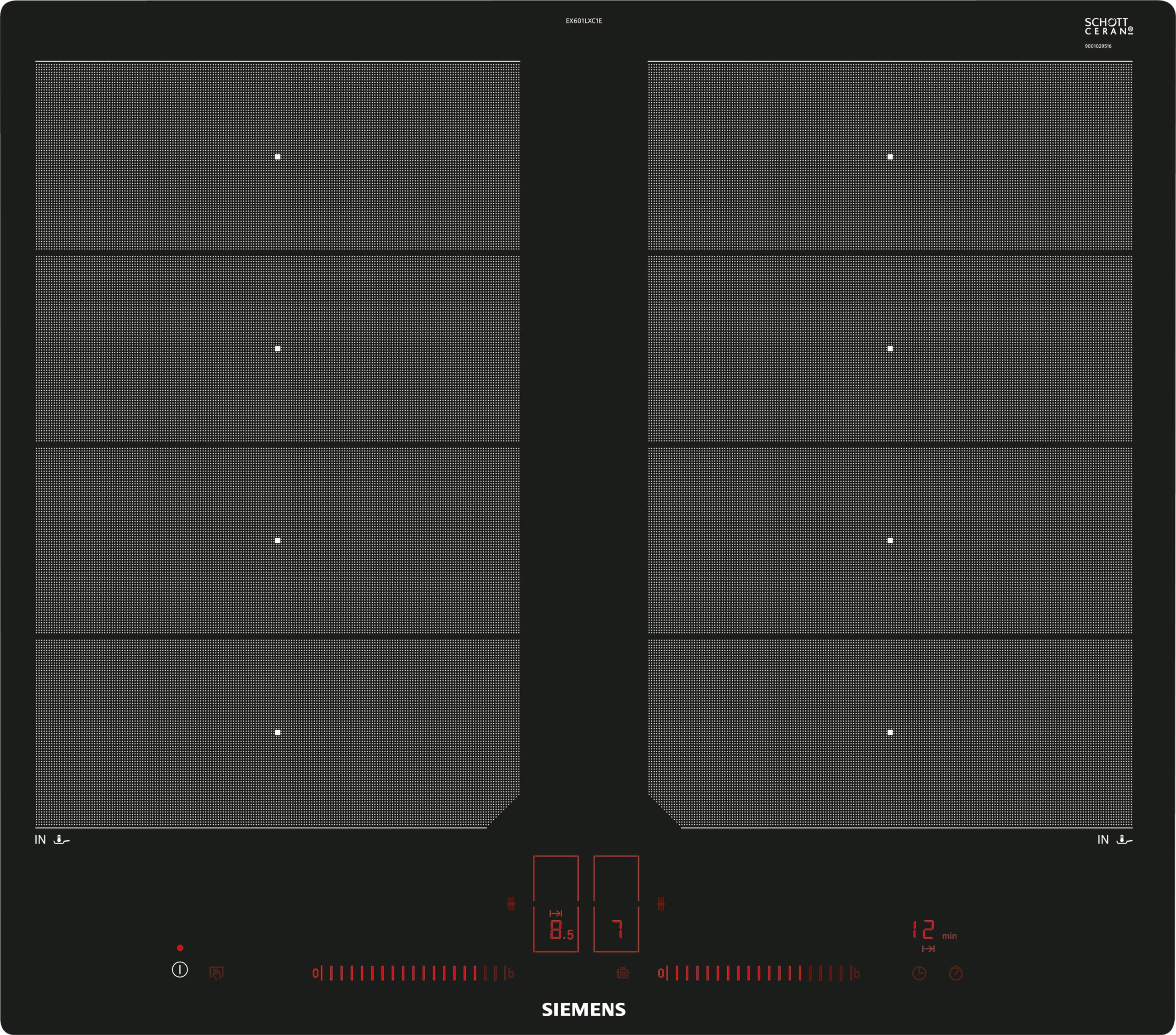Siemens ceramic cooktop control panel with two burner sections, dotted heating grids, and red digital indicators.