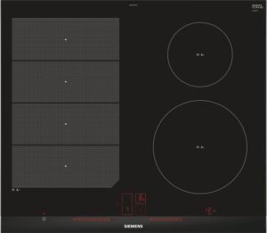 Induction cooktop control panel: three left dotted heating zones and two large circular burners on the right, with the Siemens logo at the bottom.