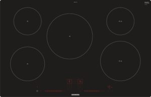 Induction cooktop with several circular heating zones and a digital control panel, Siemens branding visible at bottom center.