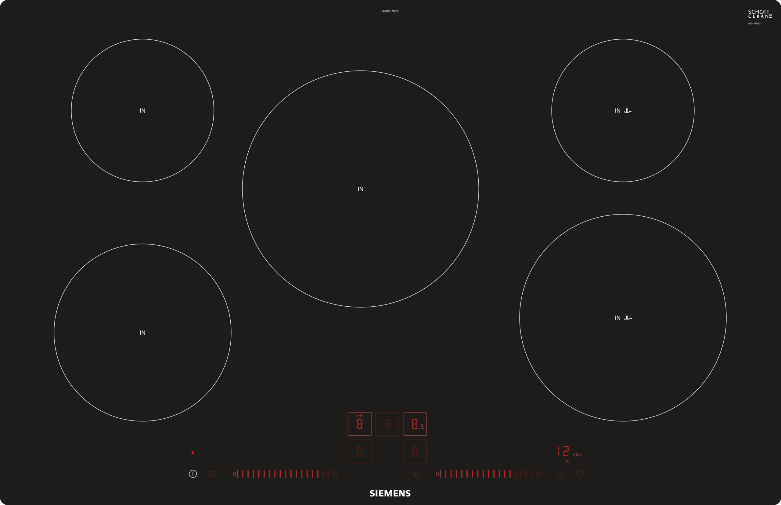 Induction cooktop with several circular heating zones and a digital control panel, Siemens branding visible at bottom center.