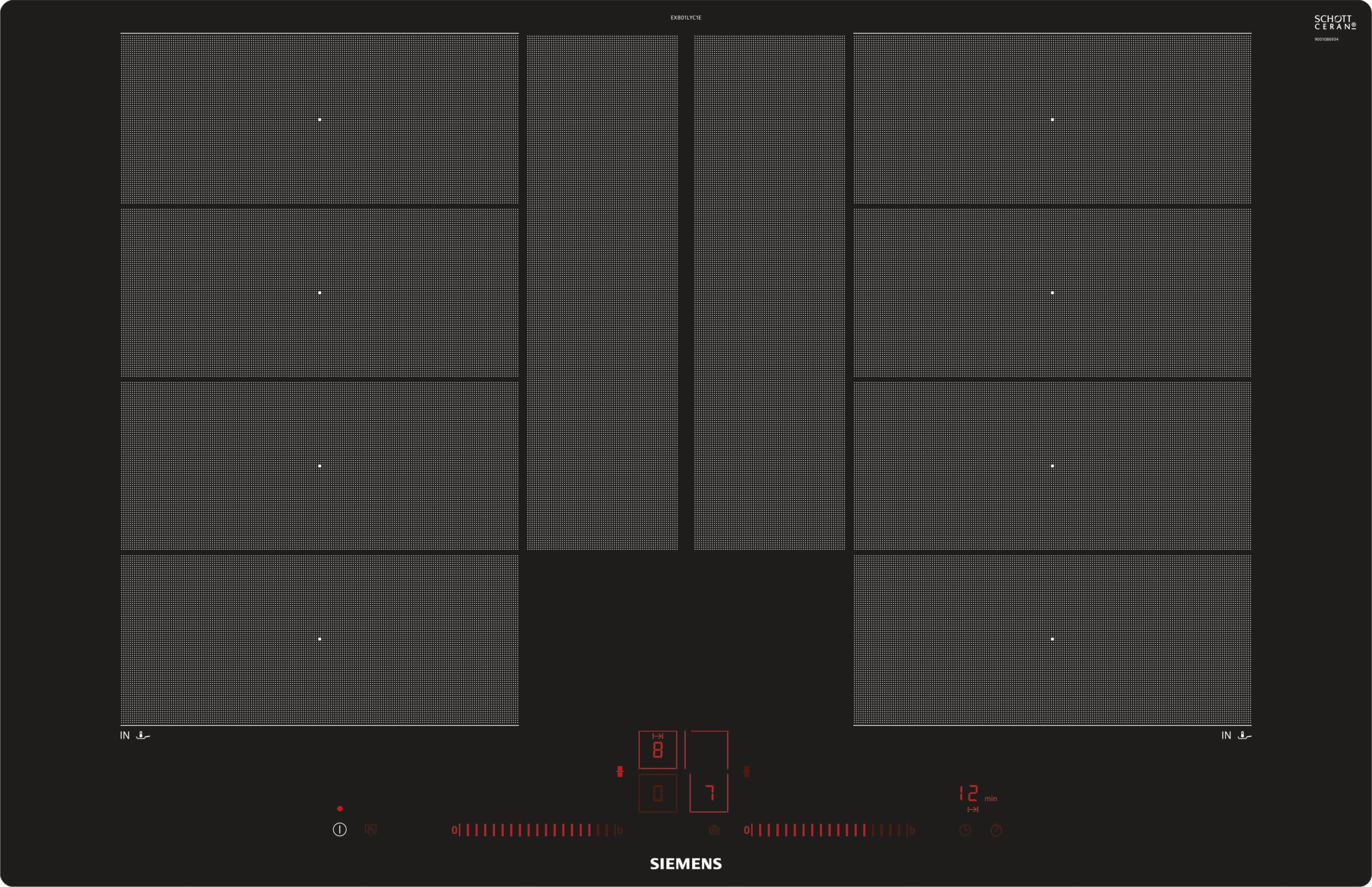 Front view of a black Siemens induction cooktop with multiple dotted heating zones and a central digital display area at the bottom edge.