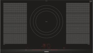 Induction cooktop with four concentric circular heating zones and side touch controls; Siemens logo centered at bottom.
