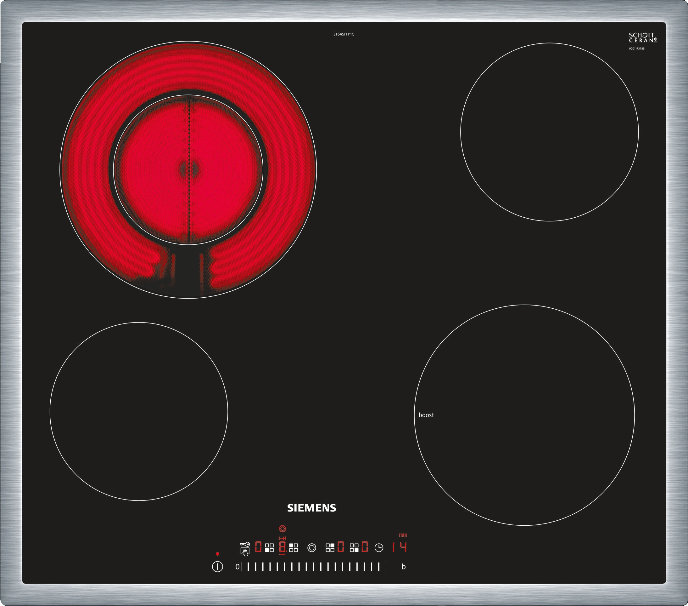 Induction cooktop with a red-hot left burner and an idle right burner on a black surface, Siemens branding visible at the bottom.
