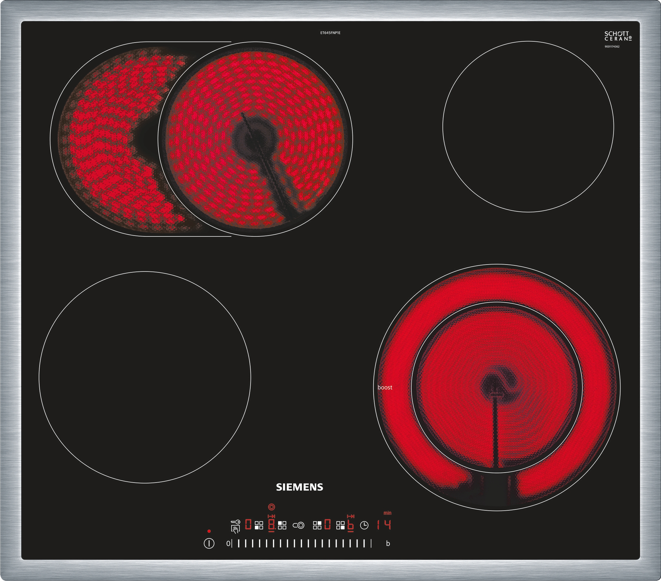 Induction cooktop with red glowing heating zones on the left, Siemens branding at bottom.