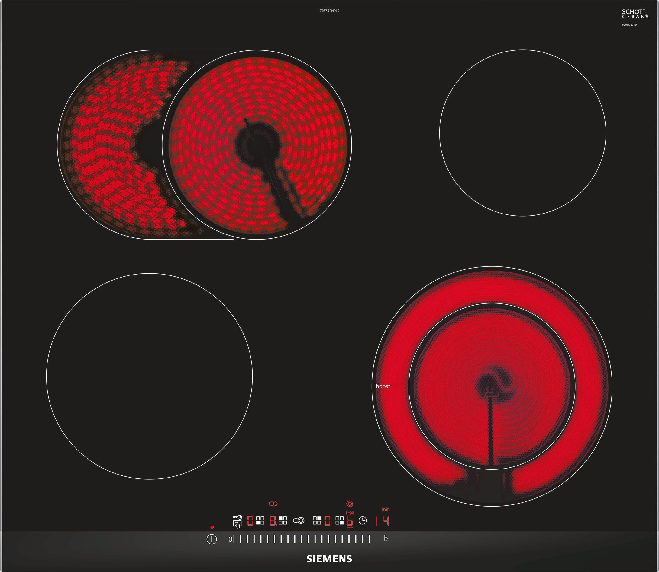 Schott Ceran/Siemens induction cooktop with multiple circular cooking zones, two of which are red-hot and active; control panel with digital readouts at the bottom.