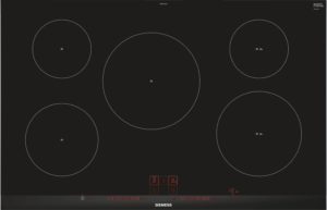 Black Siemens induction cooktop with multiple circular heating zones labeled IN and a red digital control panel along the bottom edge.