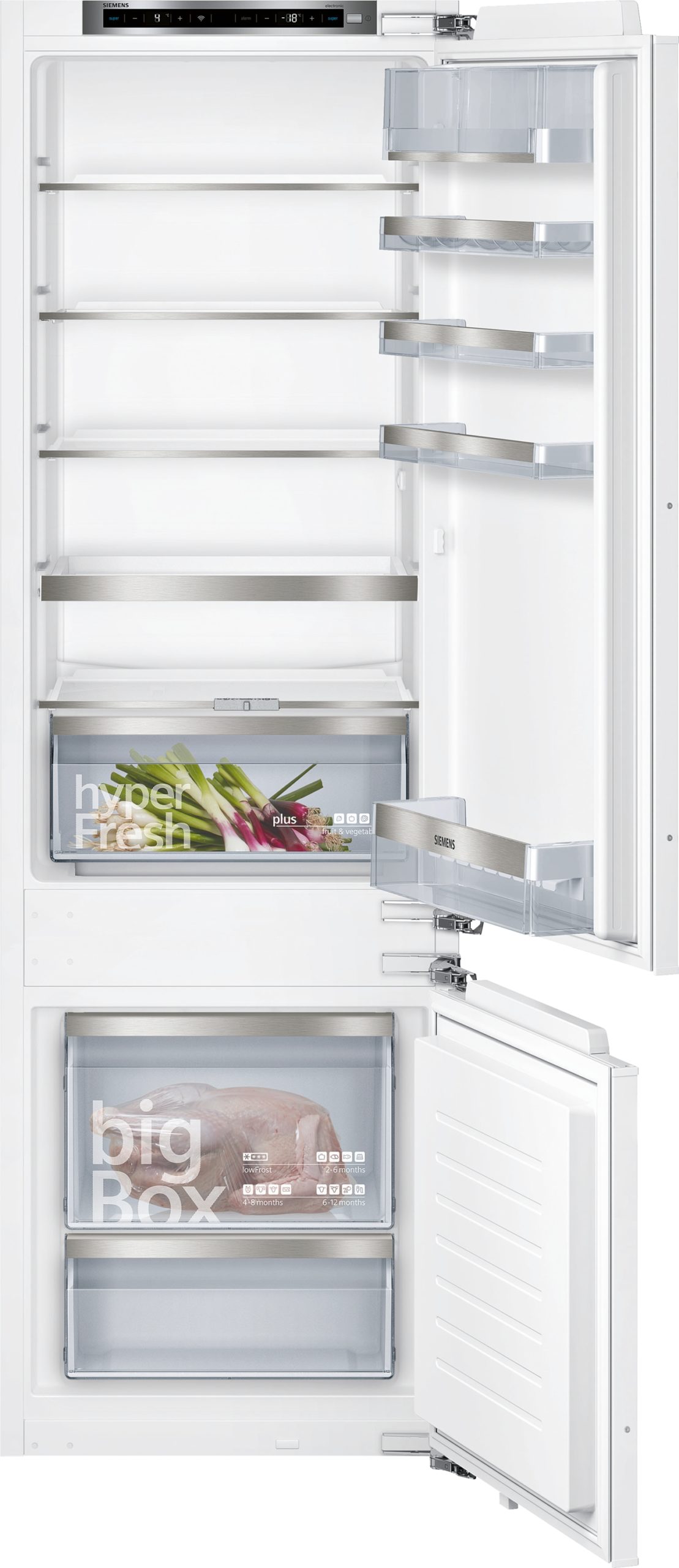 Full-height view of an open Siemens refrigerator with multiple shelves, a bottom freezer, and transparent drawers showing food storage graphics like 'hyperFresh' and 'big Box'
