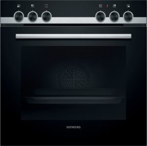 Front view of a black oven control panel with six brushed‑metal knobs and small icons above, Siemens logo below.