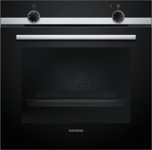 Front view of a Siemens oven with a black control panel, two round stainless knobs, and a long brushed aluminum handle across the middle; brand name Siemens at the bottom.