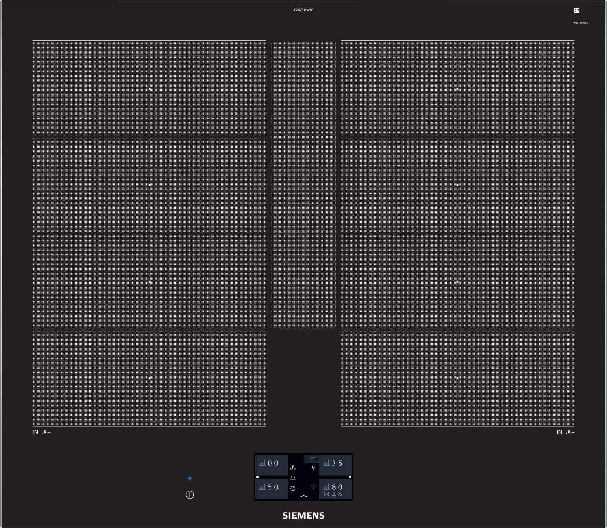 Industrial control panel/interface with two wide grid sections separated by a vertical divider, Siemens branding at the bottom, and small status readouts.