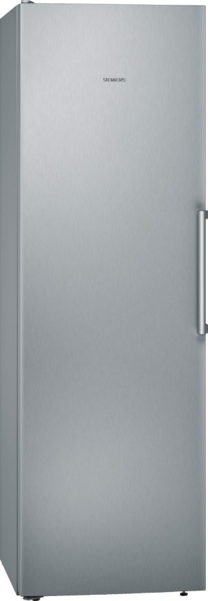 Front view of a tall brushed stainless steel Siemens refrigerator with a long vertical handle on the right side.