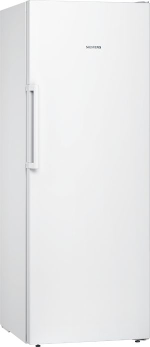 White Siemens tall refrigerator/freezer with a vertical left door handle, standing upright in a kitchen context