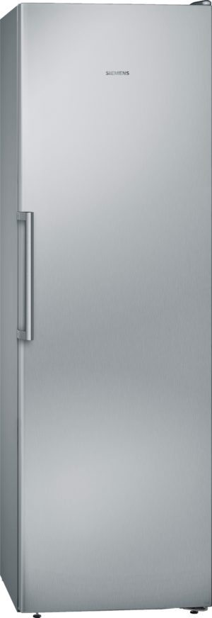 Tall brushed stainless steel refrigerator with a vertical left-side handle and Siemens logo on the front.