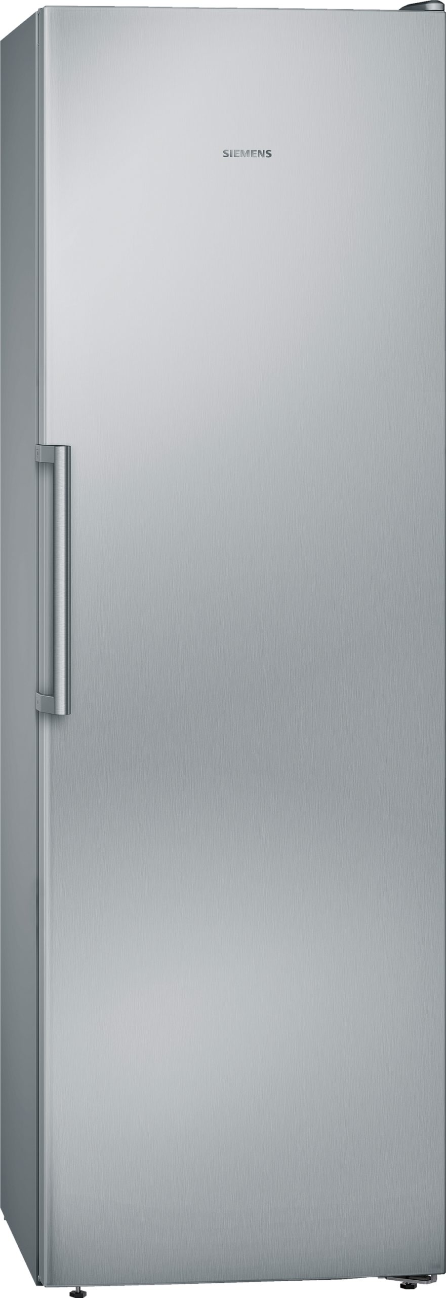 Tall brushed stainless steel refrigerator with a vertical left-side handle and Siemens logo on the front.